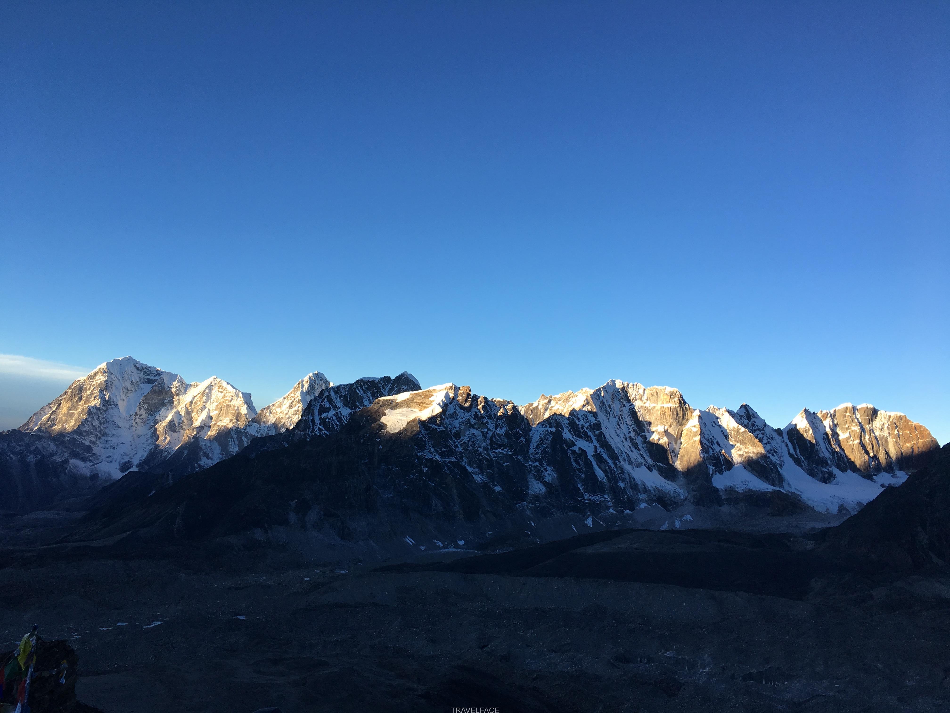 Sunrise over Everest and the surrounding mountains