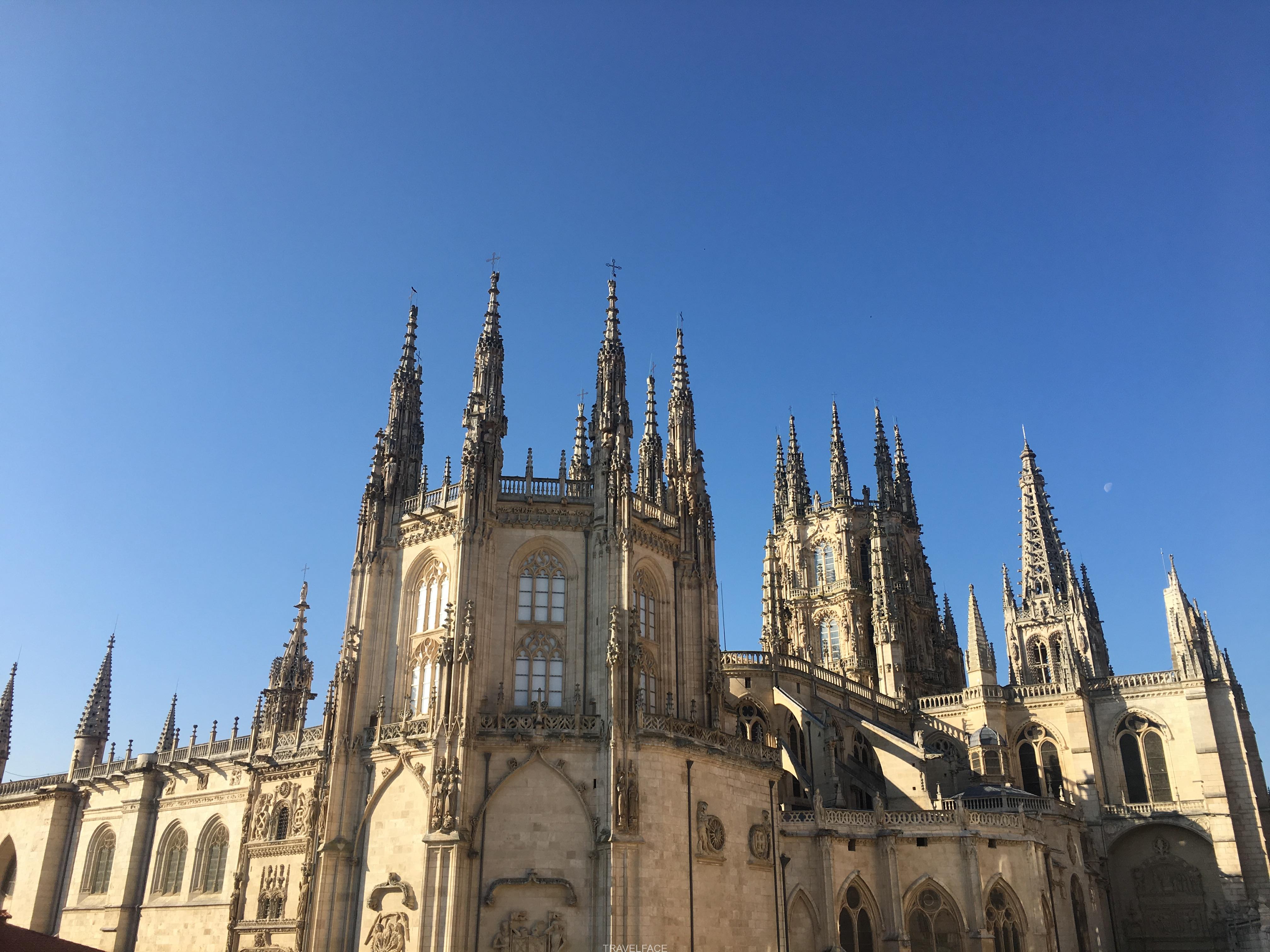 back of Burgos cathedral spires and blue sky